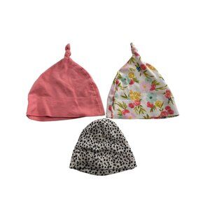 Set Of 3 Baby Hats Floral & Animal Prints Knotted Design 100% Cotton By Target